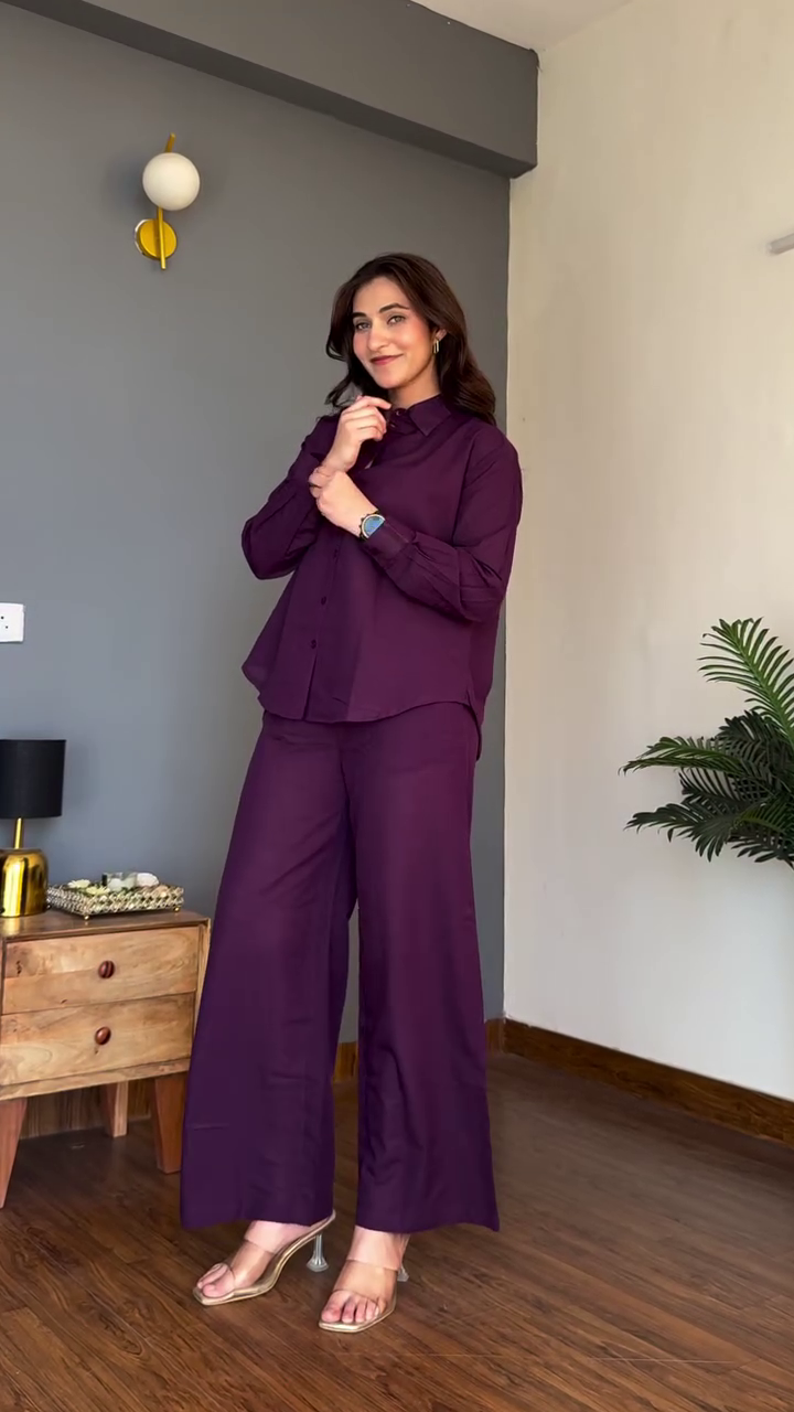 Effortless Elegance: Purple Co-ord Set by Corsica – Shirt & Wide-Leg Trousers