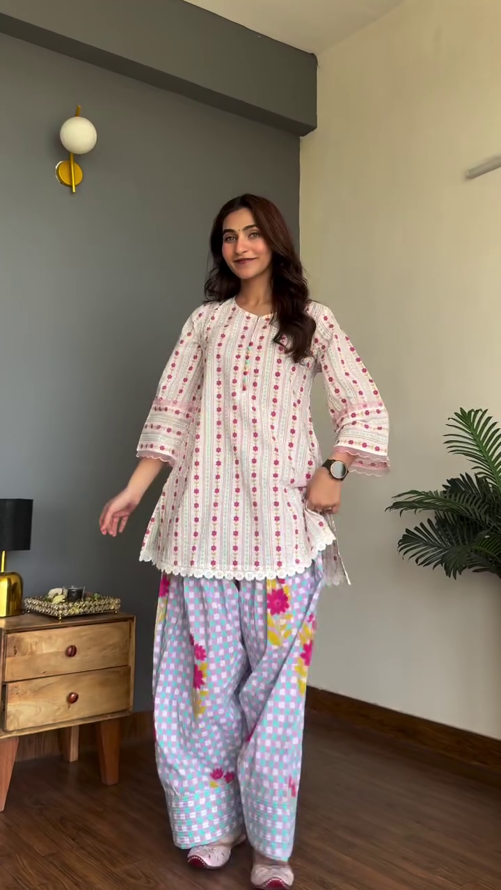 Delicate Elegance: Blush Pink Pintuck A-Line Kurta Set with Embroidered Sleeves & Palazzo Pants