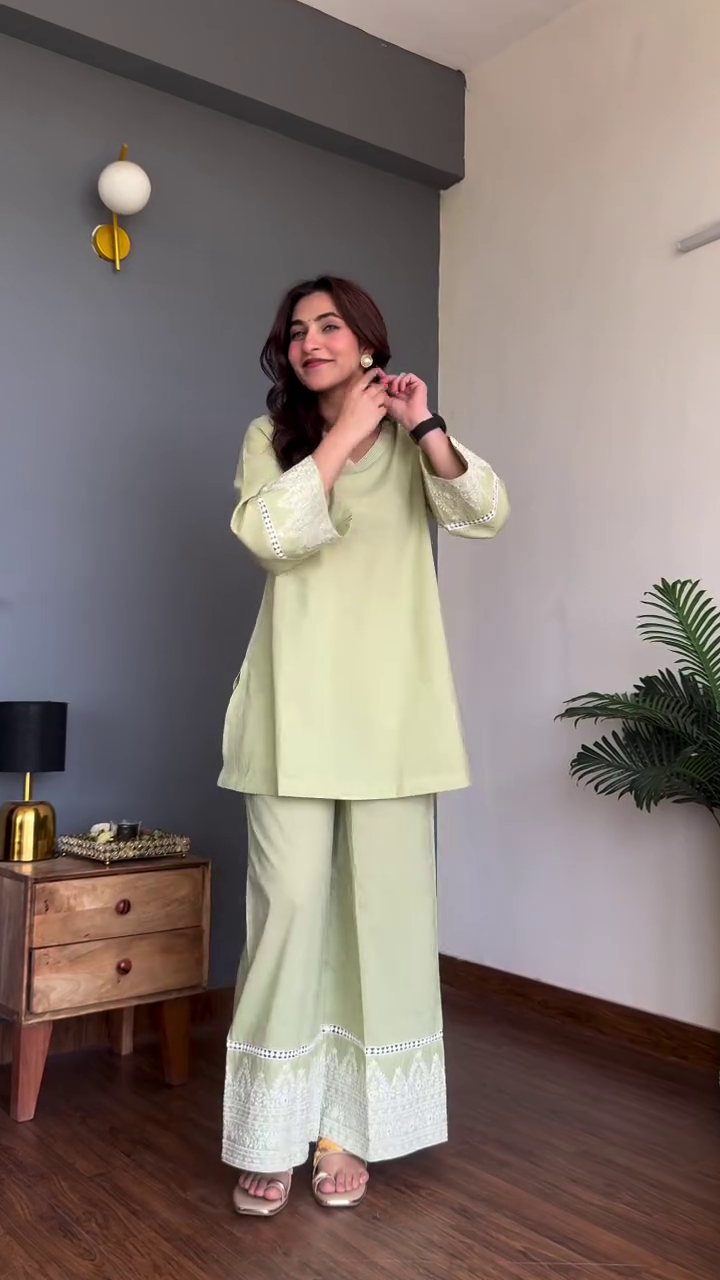 Delicate Elegance: Blush Pink Pintuck A-Line Kurta Set with Embroidered Sleeves & Palazzo Pants