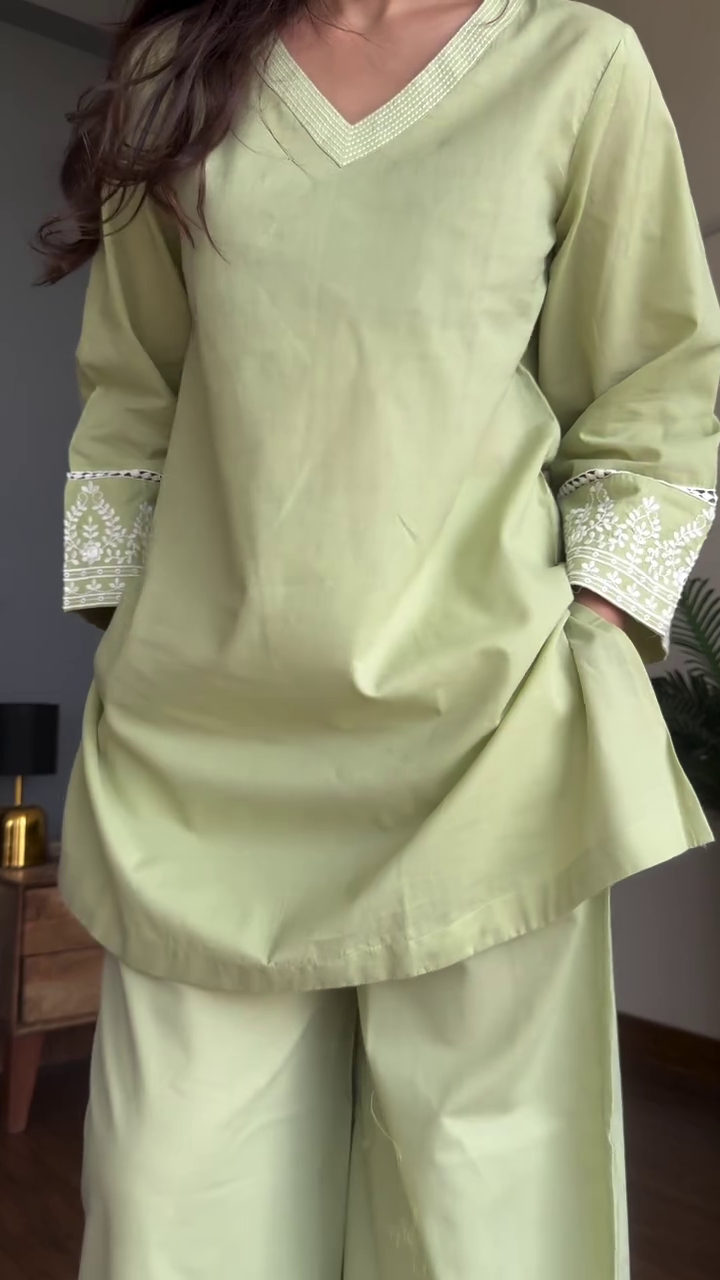 Delicate Elegance: Blush Pink Pintuck A-Line Kurta Set with Embroidered Sleeves & Palazzo Pants