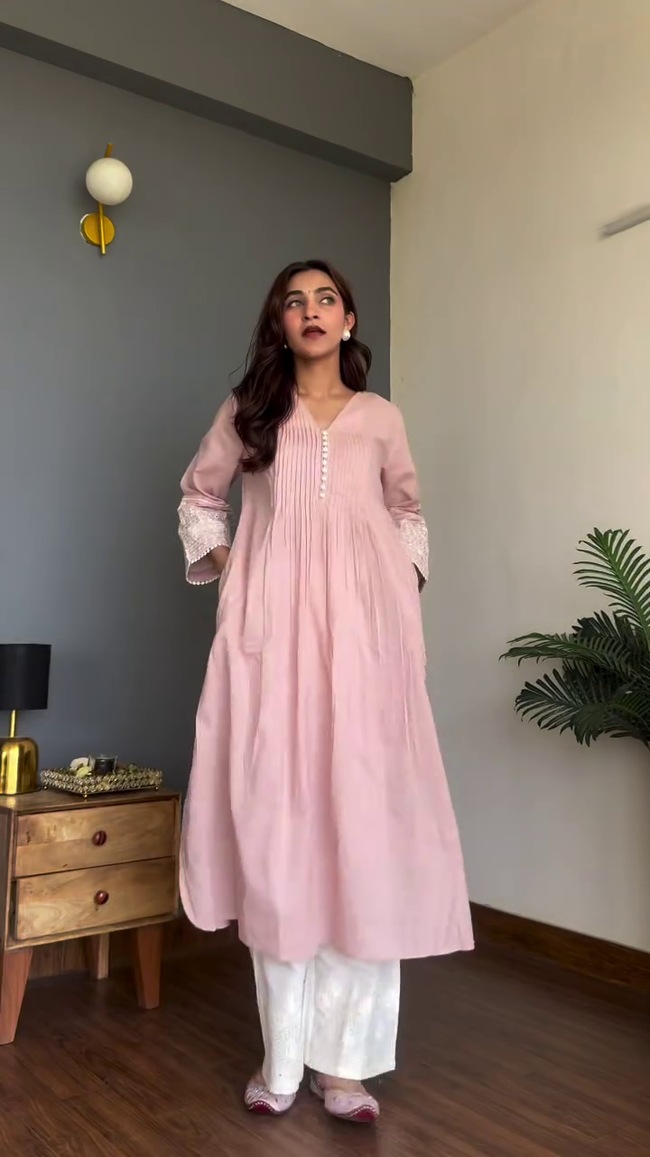 Delicate Elegance: Blush Pink Pintuck A-Line Kurta Set with Embroidered Sleeves & Palazzo Pants