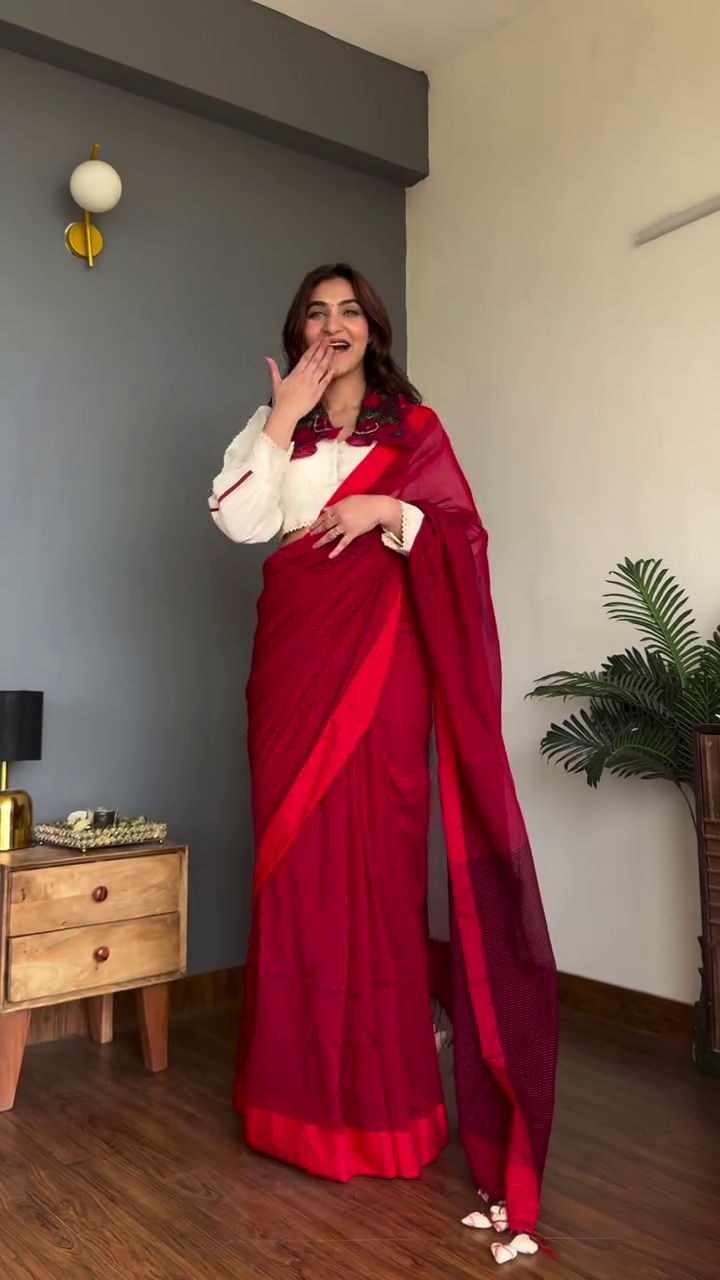 Timeless Craft: Blue Handloom Cotton Saree with Contrasting Embroidered Blouse