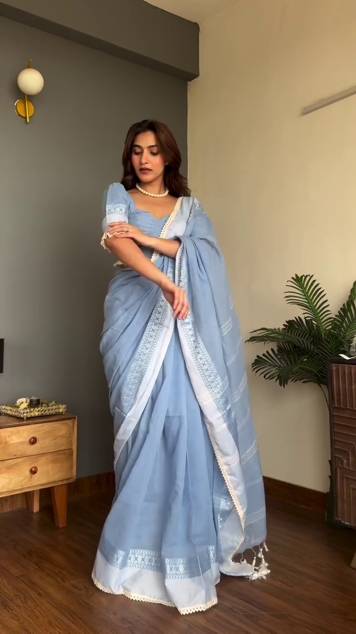 Timeless Craft: Blue Handloom Cotton Saree with Contrasting Embroidered Blouse
