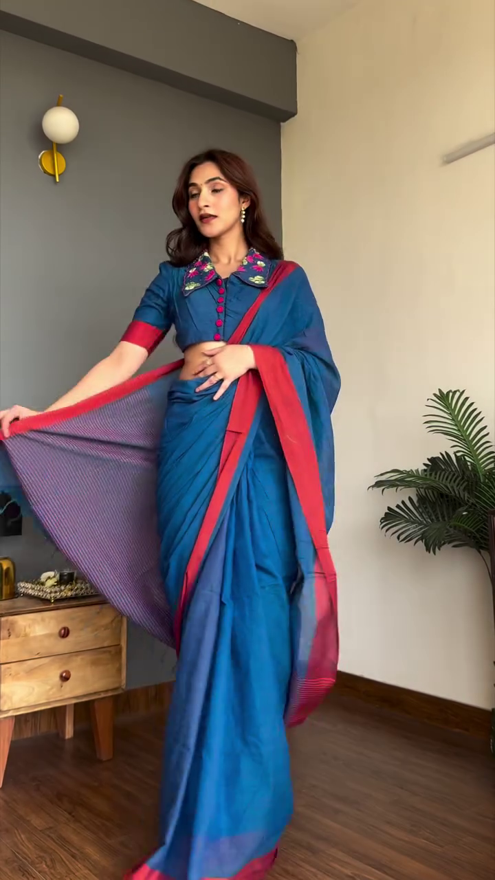 Timeless Craft: Blue Handloom Cotton Saree with Contrasting Embroidered Blouse