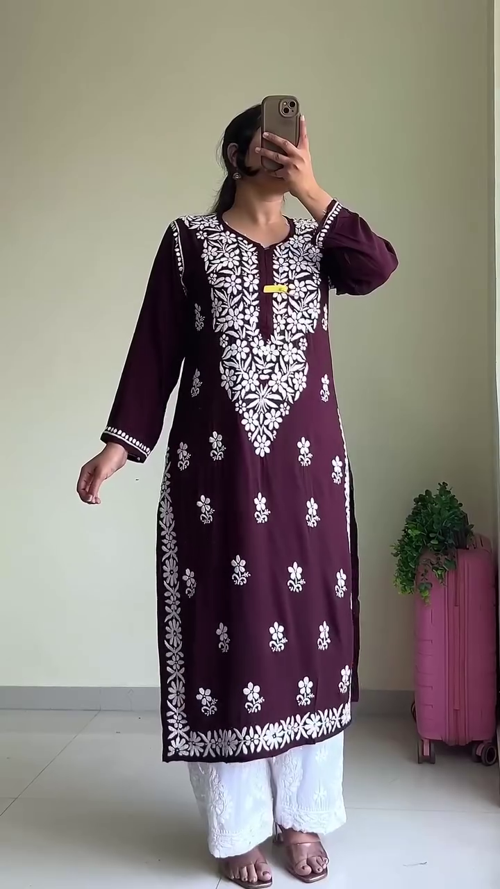 Elegant Burgundy Straight Kurta with White Hand-Embroidered Detailing