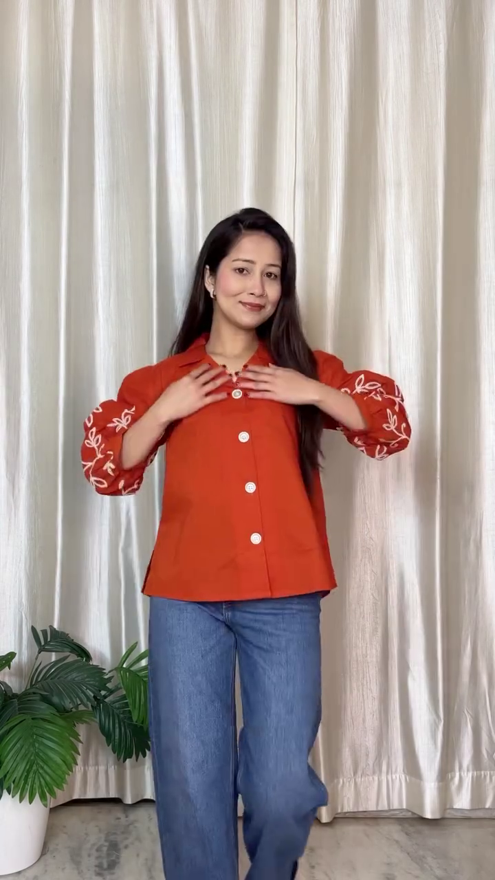 Classic Comfort: Brown Embroidered Mandarin Collar Casual Shirt