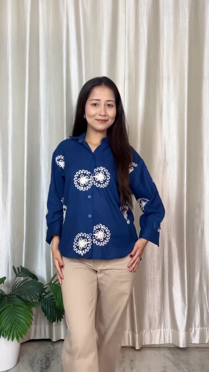 Classic Comfort: Brown Embroidered Mandarin Collar Casual Shirt