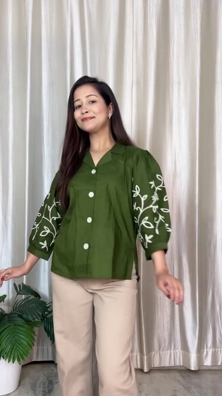 Classic Comfort: Brown Embroidered Mandarin Collar Casual Shirt