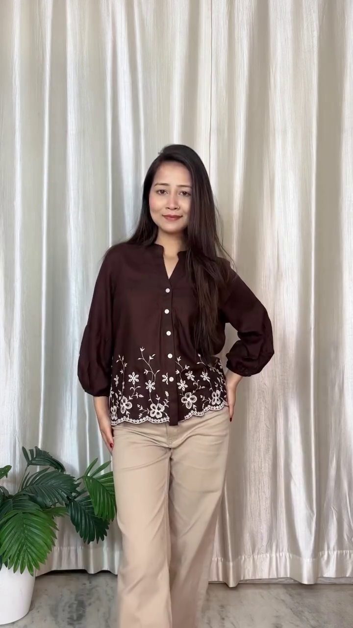 Classic Comfort: Brown Embroidered Mandarin Collar Casual Shirt