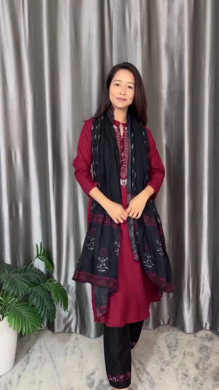 Elegant Maroon & Black Ethnic Set – Kurta, Pant, and Dupatta