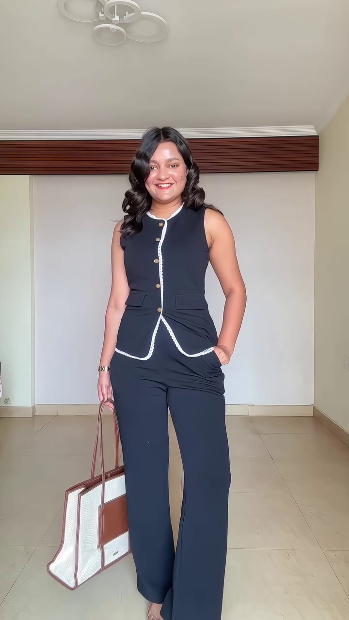 Chic Monochrome: Black Vest & Wide-Leg Trouser Set for Women
