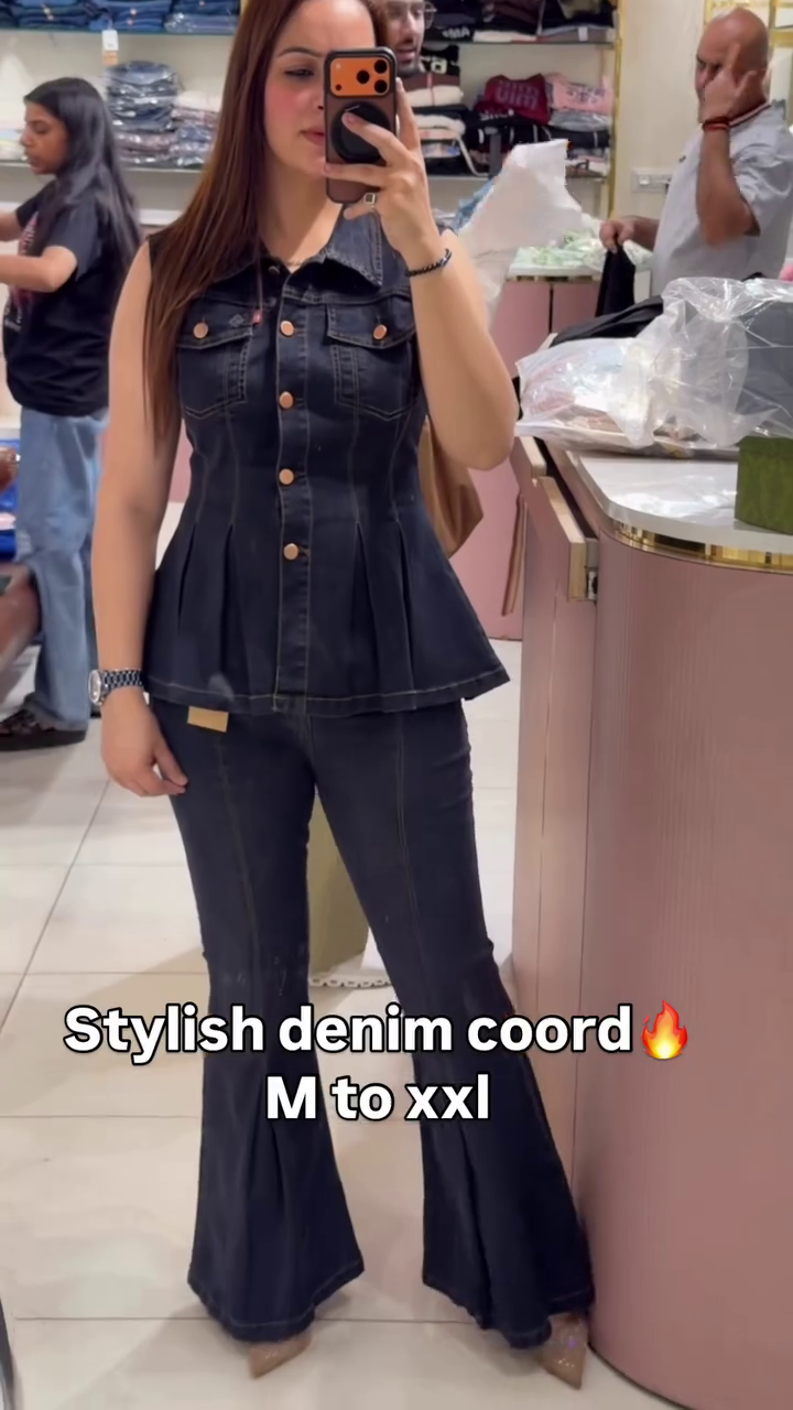 Denim Duo: Stylish Blue Co-ord Set with Peplum Vest & Flared Wide-Leg Jeans