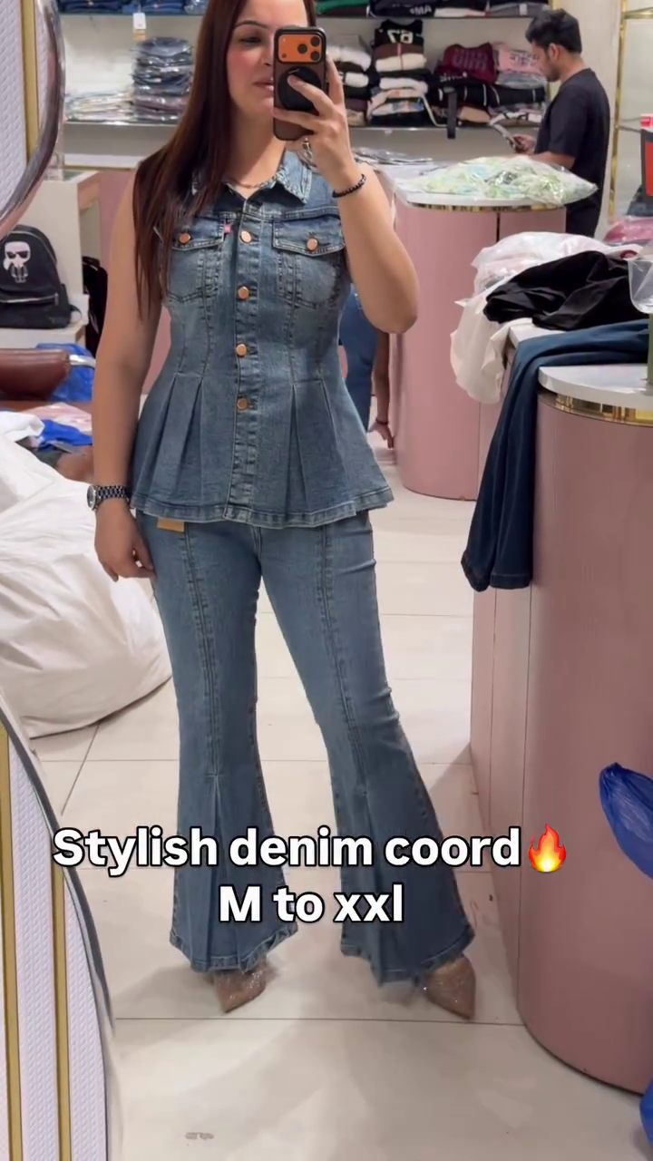 Denim Duo: Stylish Blue Co-ord Set with Peplum Vest & Flared Wide-Leg Jeans