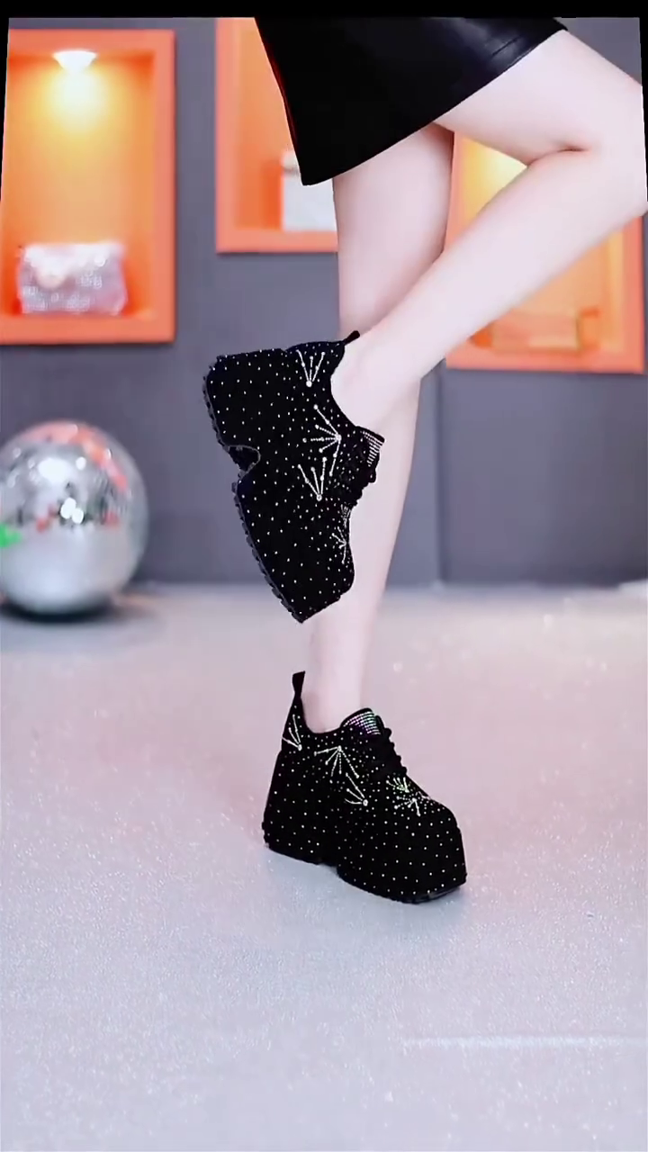 Glam & Edge: Black Platform Shoes with Rhinestone Accents