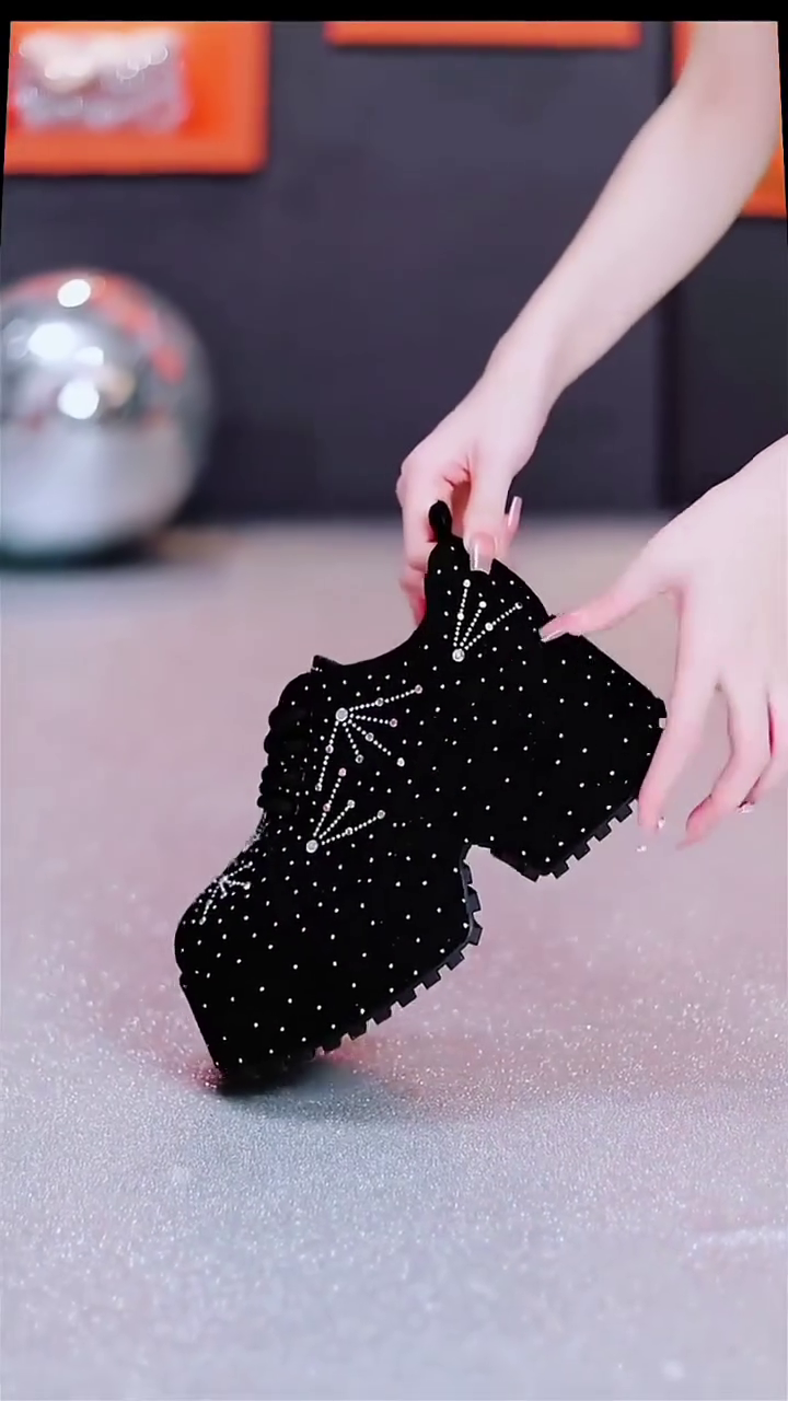 Glam & Edge: Black Platform Shoes with Rhinestone Accents