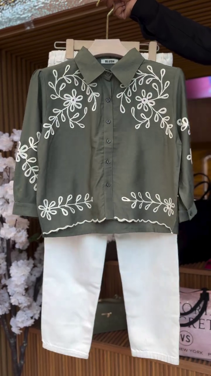 Fresh & Elegant: Green Cotton Embroidered Shirt for Women