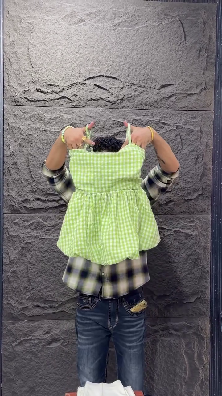Fresh & Playful: Lime Green Gingham Cotton Top with Matching Trousers