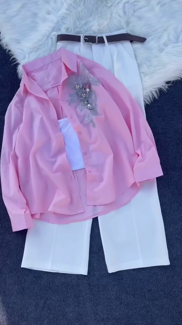 Elegant White Co-Ord Set with Floral Embroidery and Belted Detail