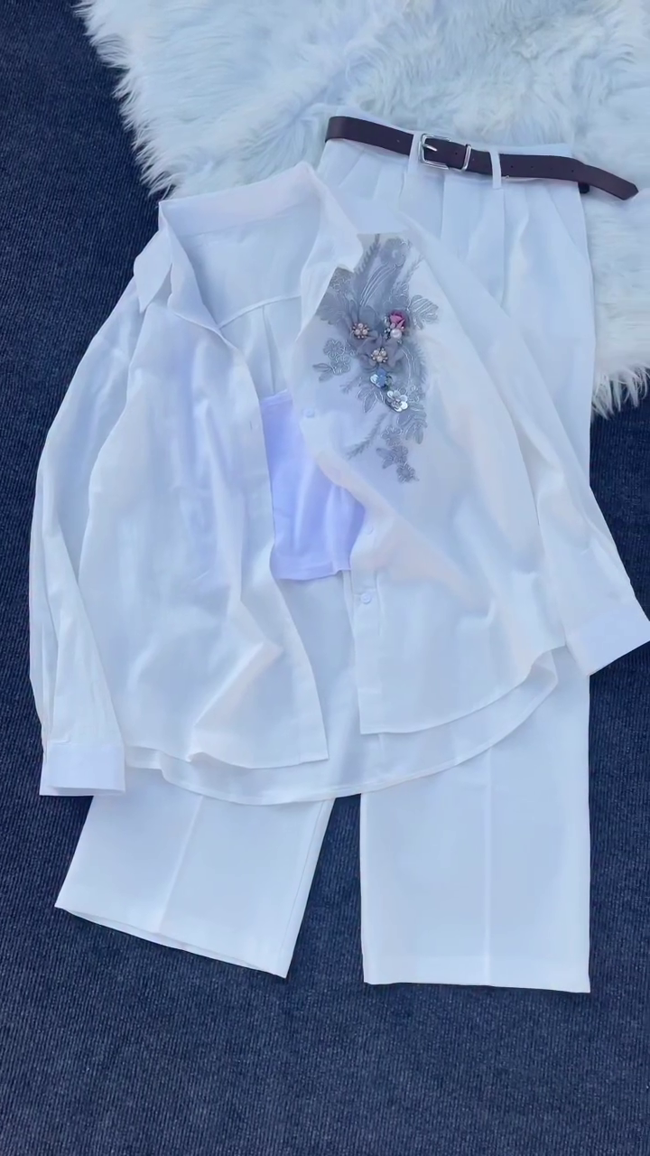 Elegant White Co-Ord Set with Floral Embroidery and Belted Detail