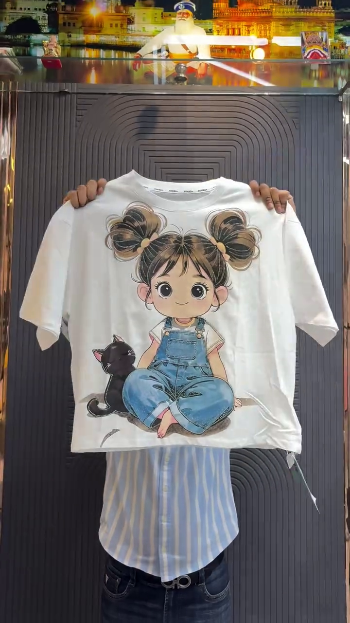 Playful & Cute: Pink Cotton T-Shirt with Cartoon Girl & Cat Graphic