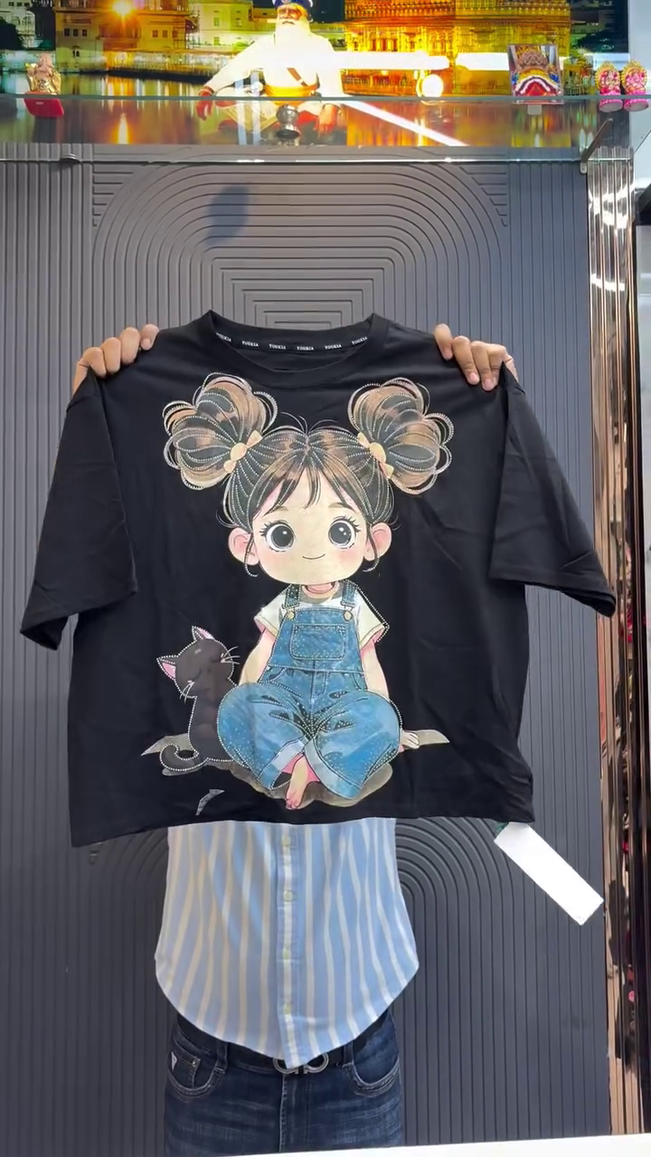 Playful & Cute: Pink Cotton T-Shirt with Cartoon Girl & Cat Graphic