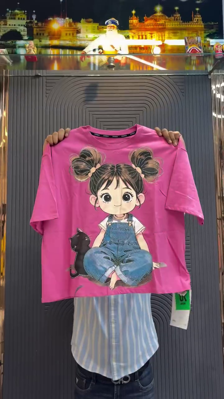 Playful & Cute: Pink Cotton T-Shirt with Cartoon Girl & Cat Graphic