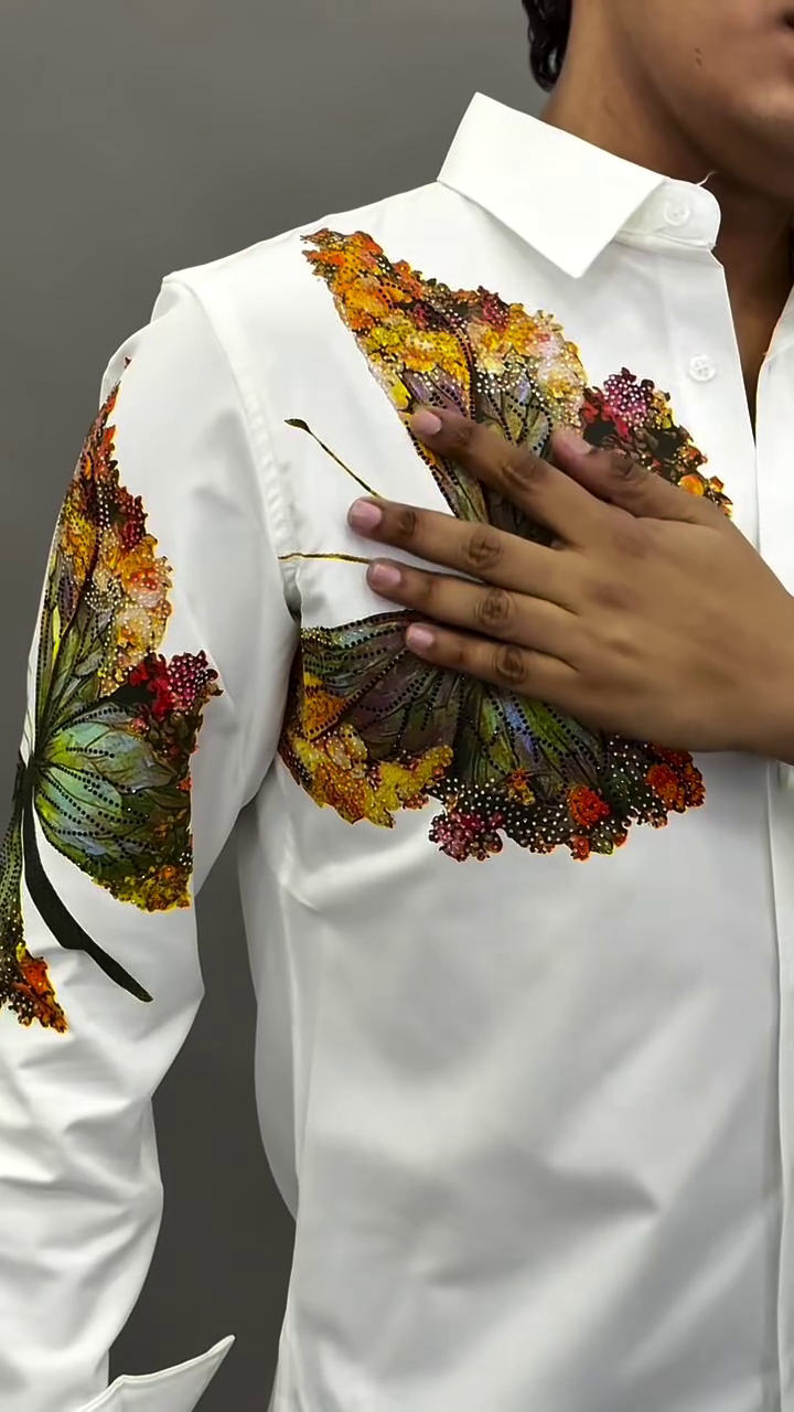 Vibrant & Playful: White Indicare Men’s Printed Casual Shirt with Butterfly Graphic