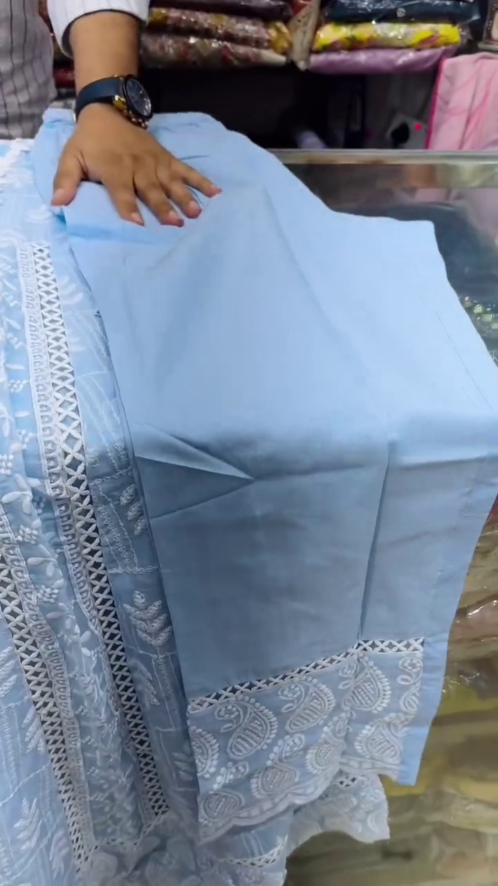 Elegant & Ethereal: Powder Blue Embroidered Schiffli Cotton Anarkali Kurta Set