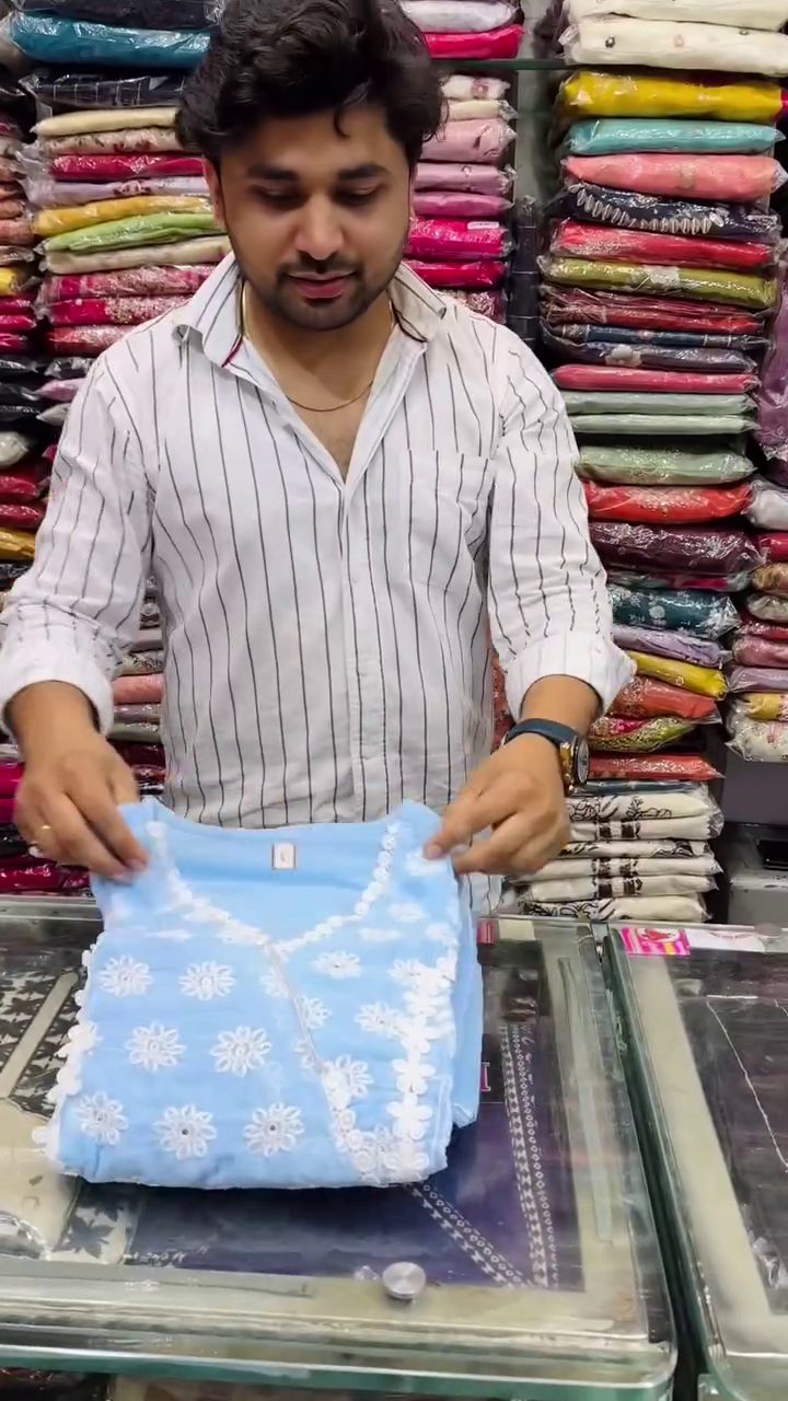 Elegant & Ethereal: Powder Blue Embroidered Schiffli Cotton Anarkali Kurta Set