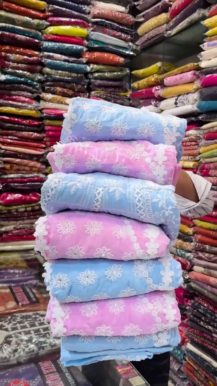 Elegant & Ethereal: Powder Blue Embroidered Schiffli Cotton Anarkali Kurta Set