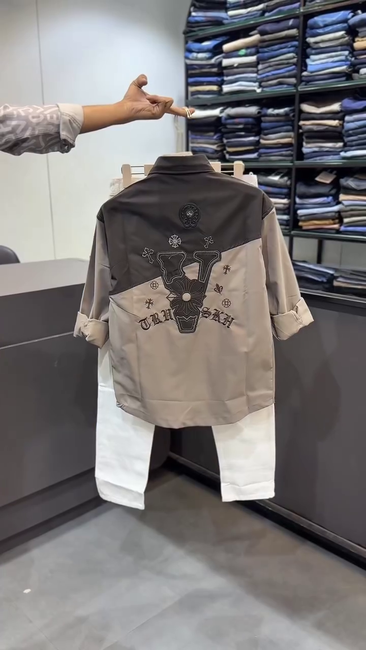 Edgy & Contemporary: Men’s Casual Shirt with Gothic Embroidery and White Trousers