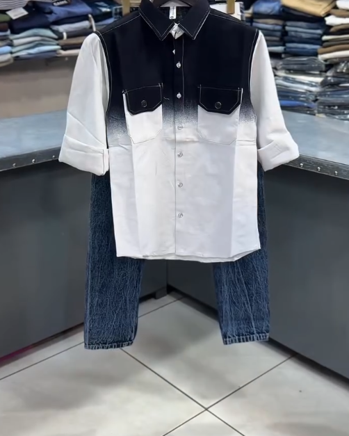 Casual & Stylish: Black and Grey Awning Stripe Shirt with Jeans