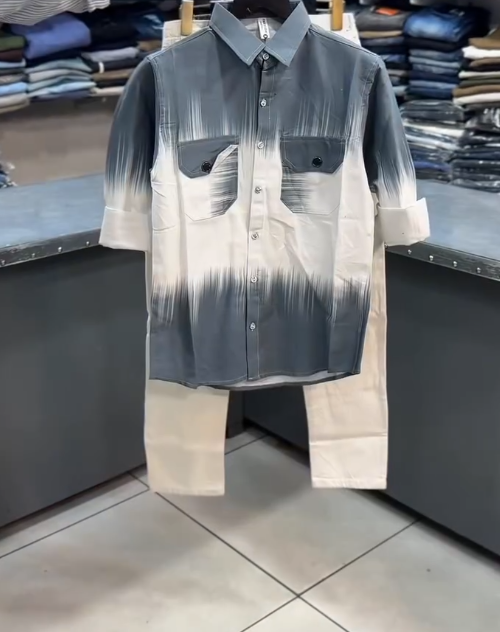 Casual & Stylish: Black and Grey Awning Stripe Shirt with Jeans