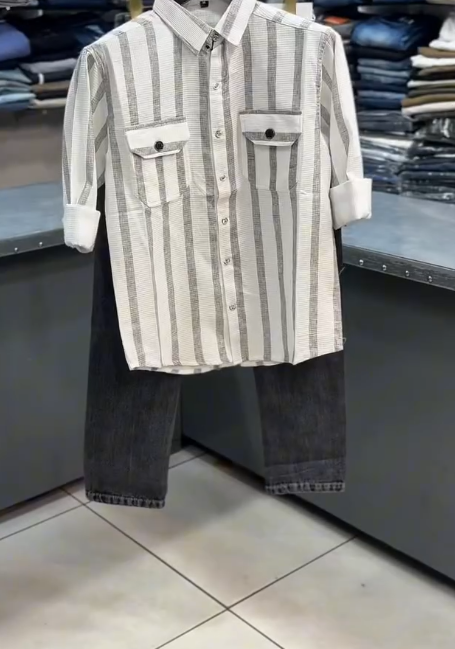 Casual & Stylish: Black and Grey Awning Stripe Shirt with Jeans