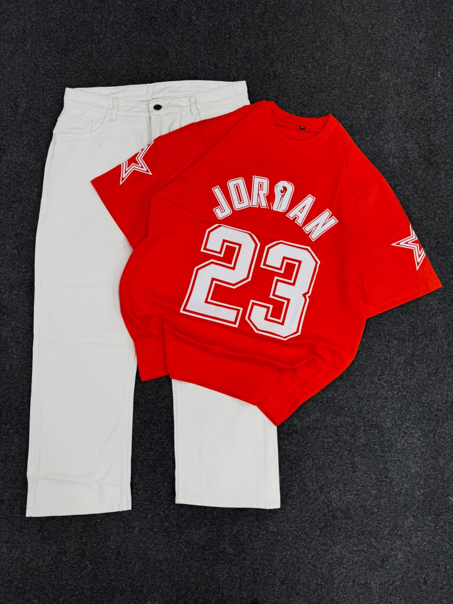 Classic Contrast: Red T-Shirt Paired with White Jeans