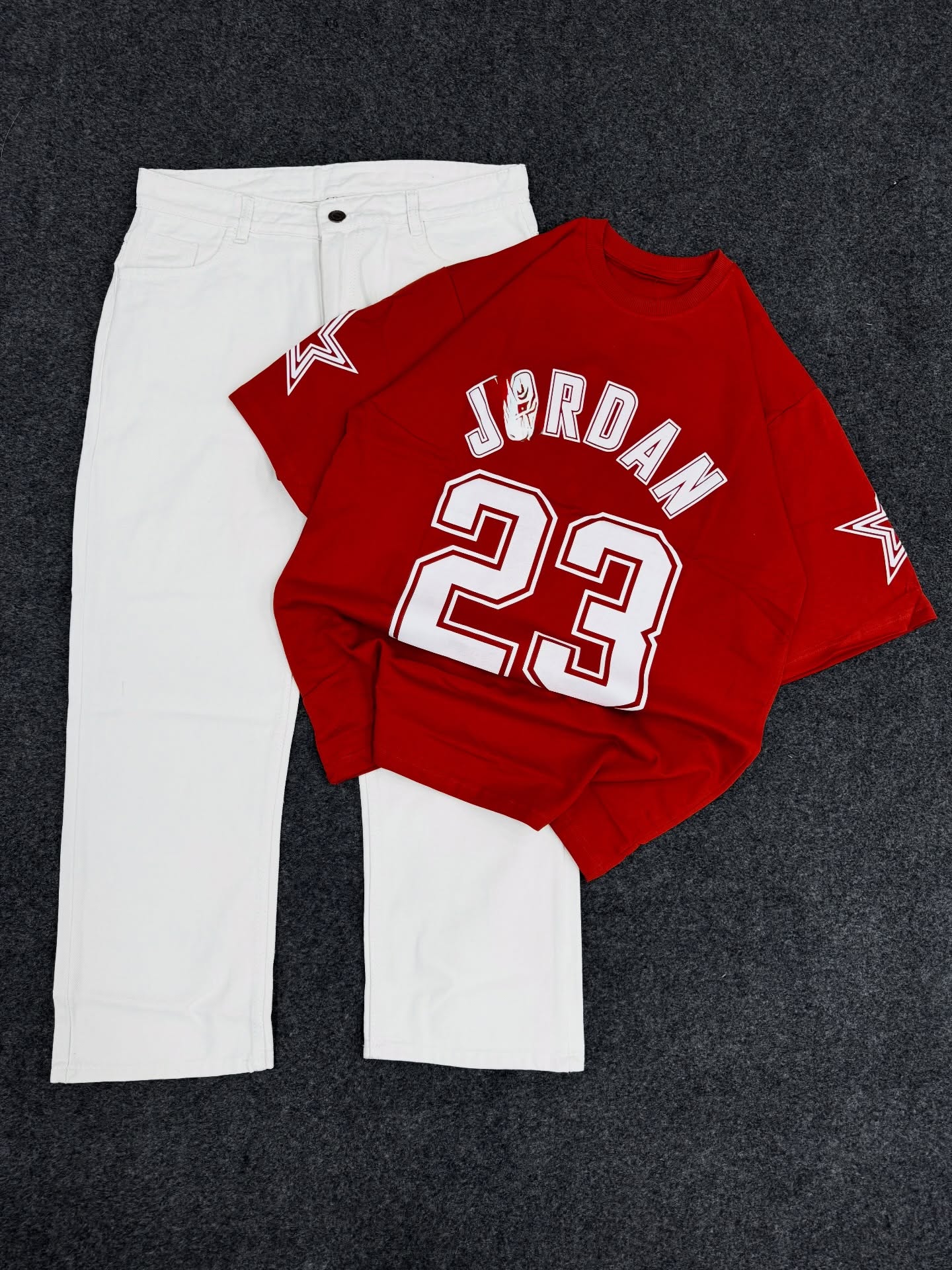 Classic Contrast: Red T-Shirt Paired with White Jeans