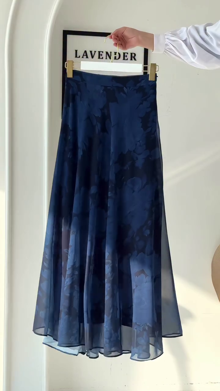 Chic & Coordinated: Navy Blue and Black Floral Skirt with Black Top