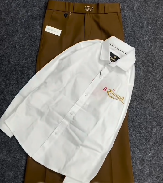 Classic & Stylish: Men’s White Embroidered Shirt with Brown Trousers