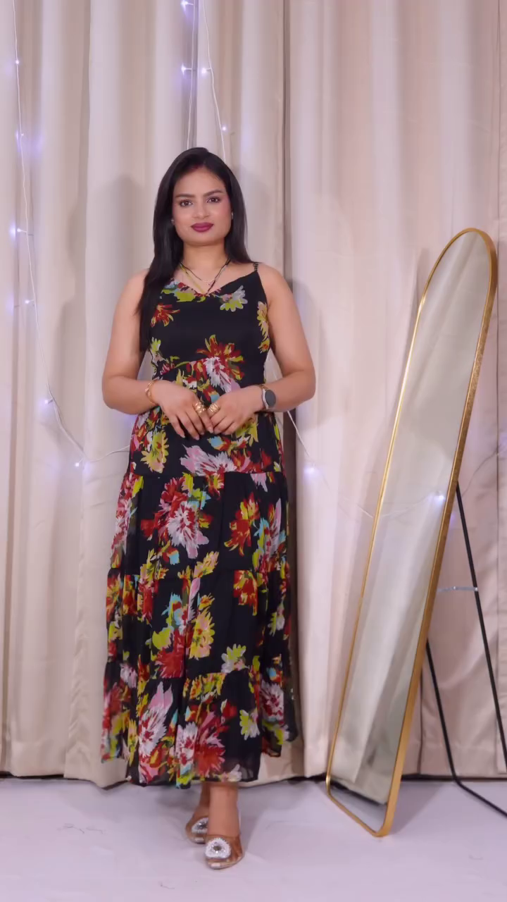 Elegant & Playful: Pink Geometric Print Georgette Maxi Dress with Ruffle Sleeves