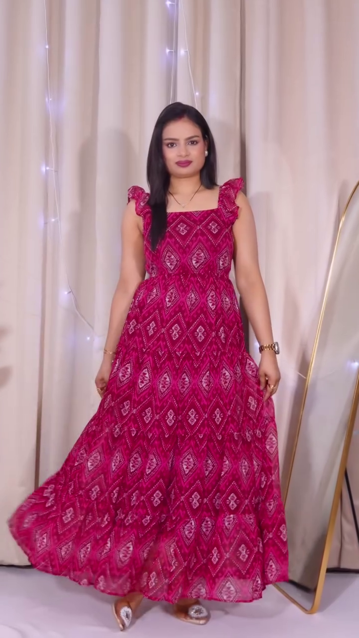 Elegant & Playful: Pink Geometric Print Georgette Maxi Dress with Ruffle Sleeves