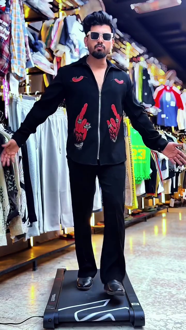 Edgy & Contemporary: Black Long-Sleeved Zippered Shirt with Red Embroidered Hand and Eye Motifs