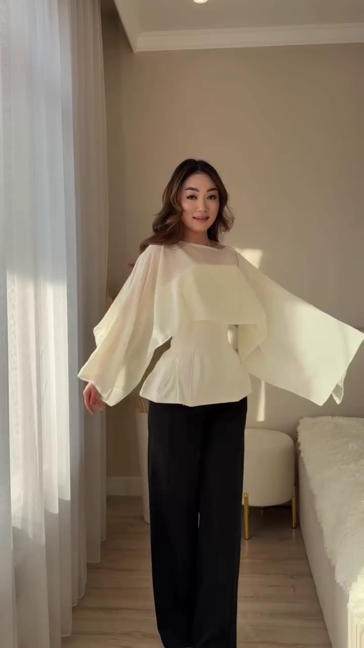 Chic & Effortless: Casual Cape-Sleeve Embellished Black Women’s Top