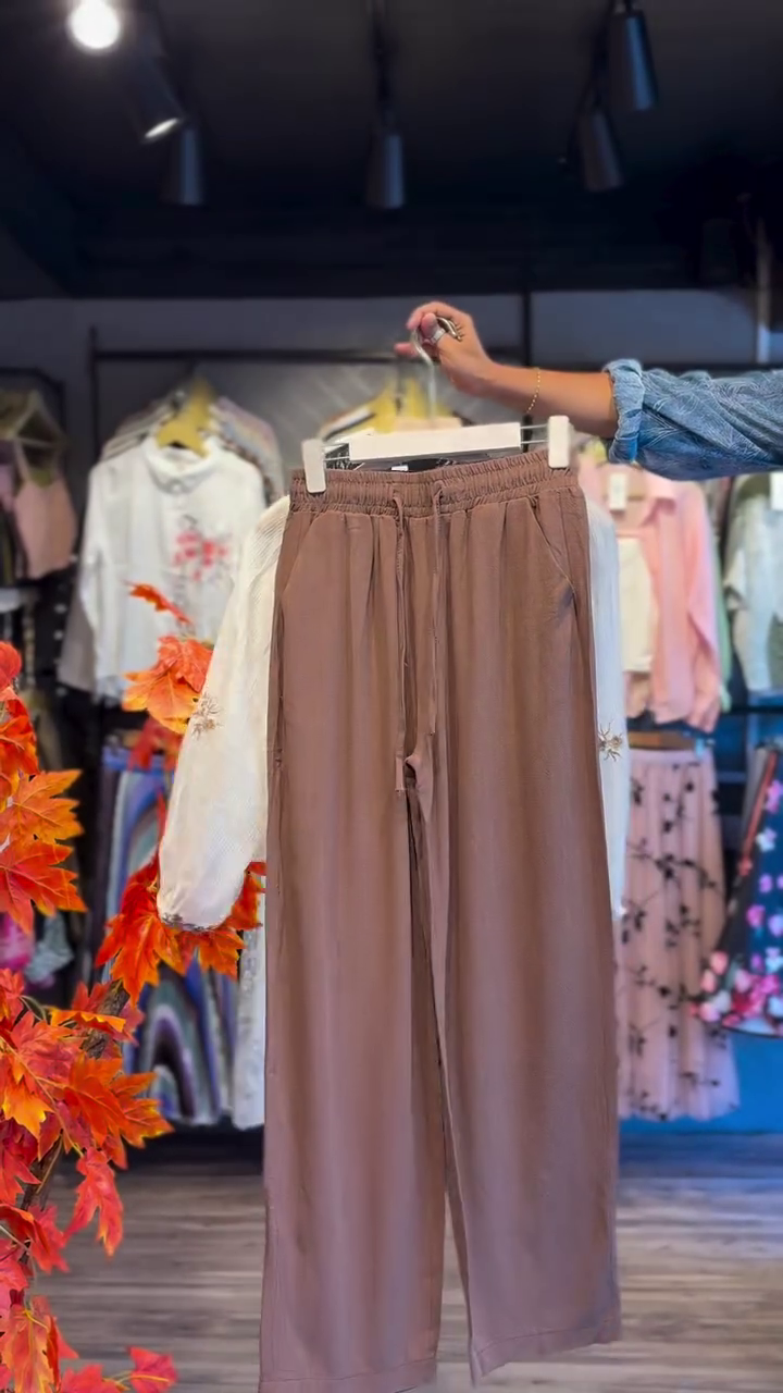 Elegant & Effortless: Cream Floral Top with Brown Trousers