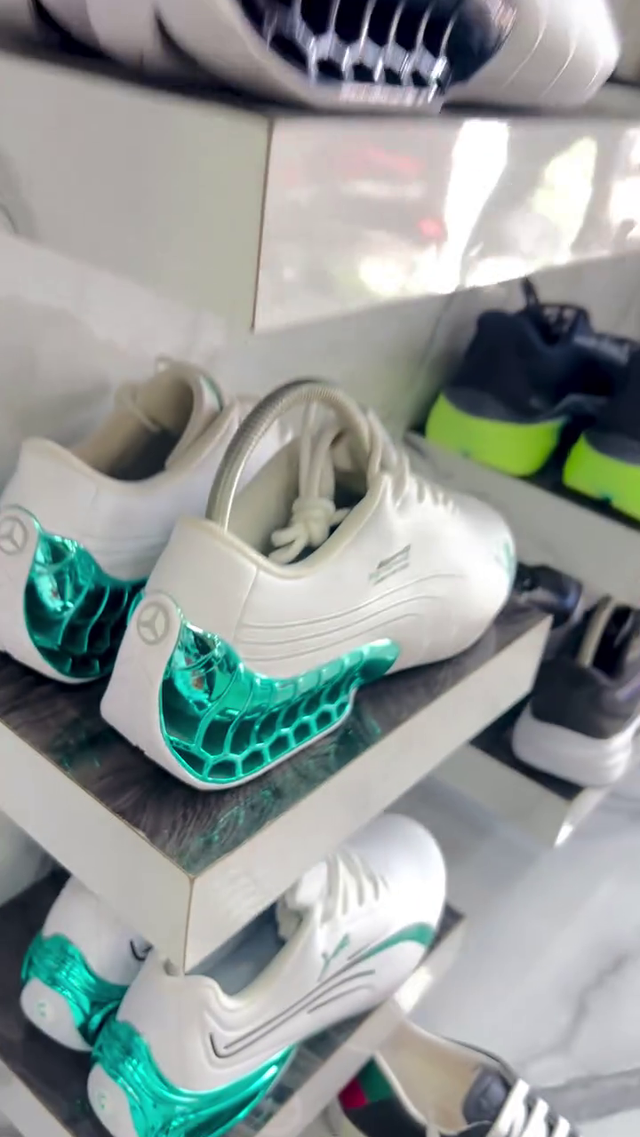 Mercedes-AMG PETRONAS Sneakers – Bold Motorsport Style with Metallic Green Geometric Heel Design