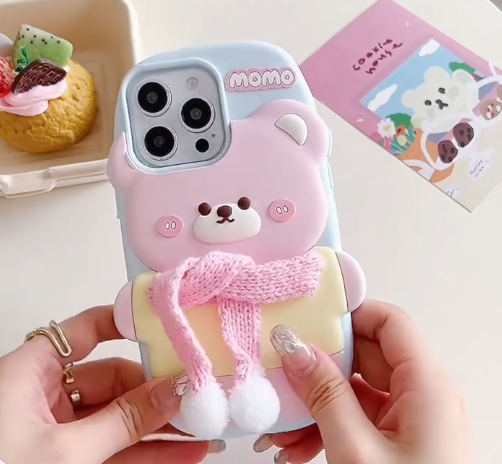 SPARKUP 3D Silicone Bear Soft Phone Case – Cute Pink Bear with Knitted Scarf Design