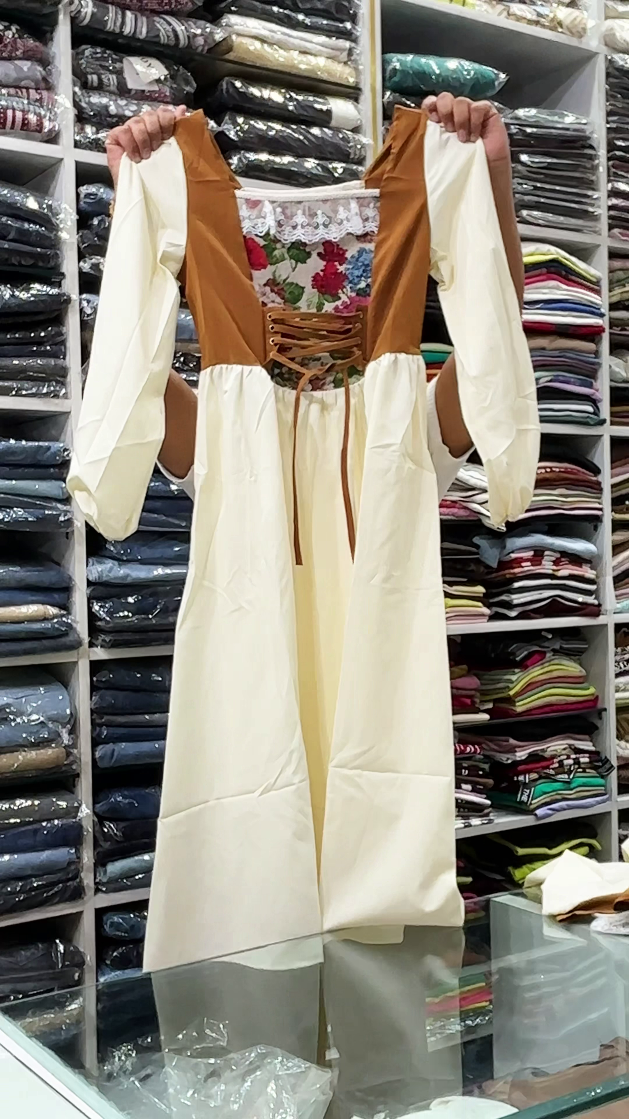 Women’s Vintage-Style Midi Dress – Corset Lace-Up Waist with Square Collar & Floral Panel Detailing