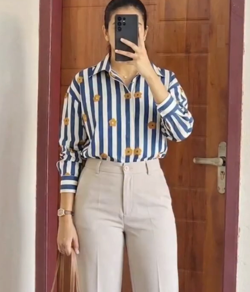 Brown Vertical Striped Oversized Shirt – Paper Cut Coffee Inspired Spread Collar Casual Style