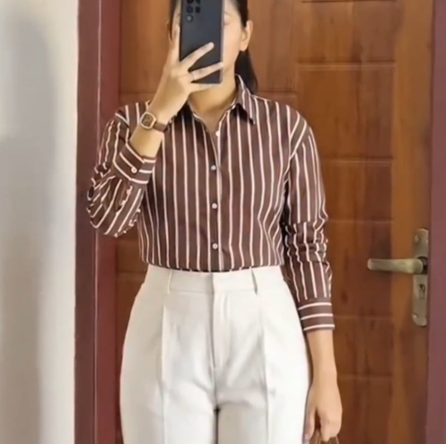 Brown Vertical Striped Oversized Shirt – Paper Cut Coffee Inspired Spread Collar Casual Style