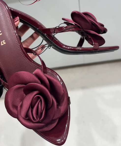 Burgundy Rosette Heel Sandals – Elegant Floral Statement Heels for Timeless Glamour