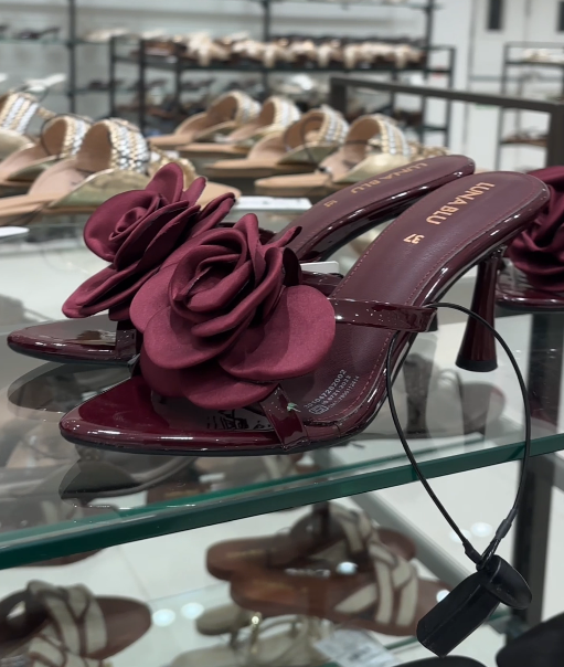 Burgundy Rosette Heel Sandals – Elegant Floral Statement Heels for Timeless Glamour